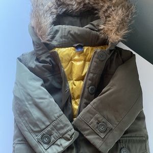 Baby Gap very warm winter parka (faux fur lined hid and yellow interior) 2yrs